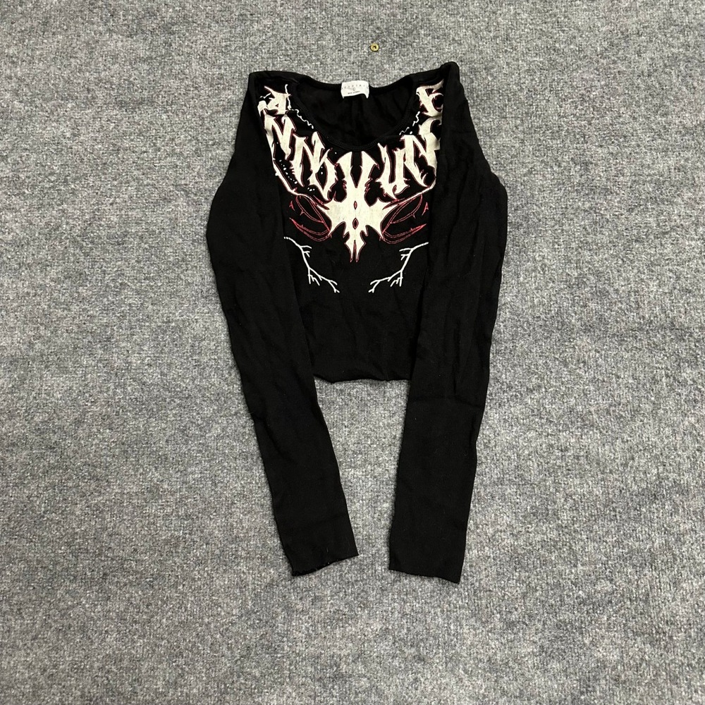 Meysiki Crop Top Womens Size L Black Ribbed Long Sleeve Graphic Print Slim Fit